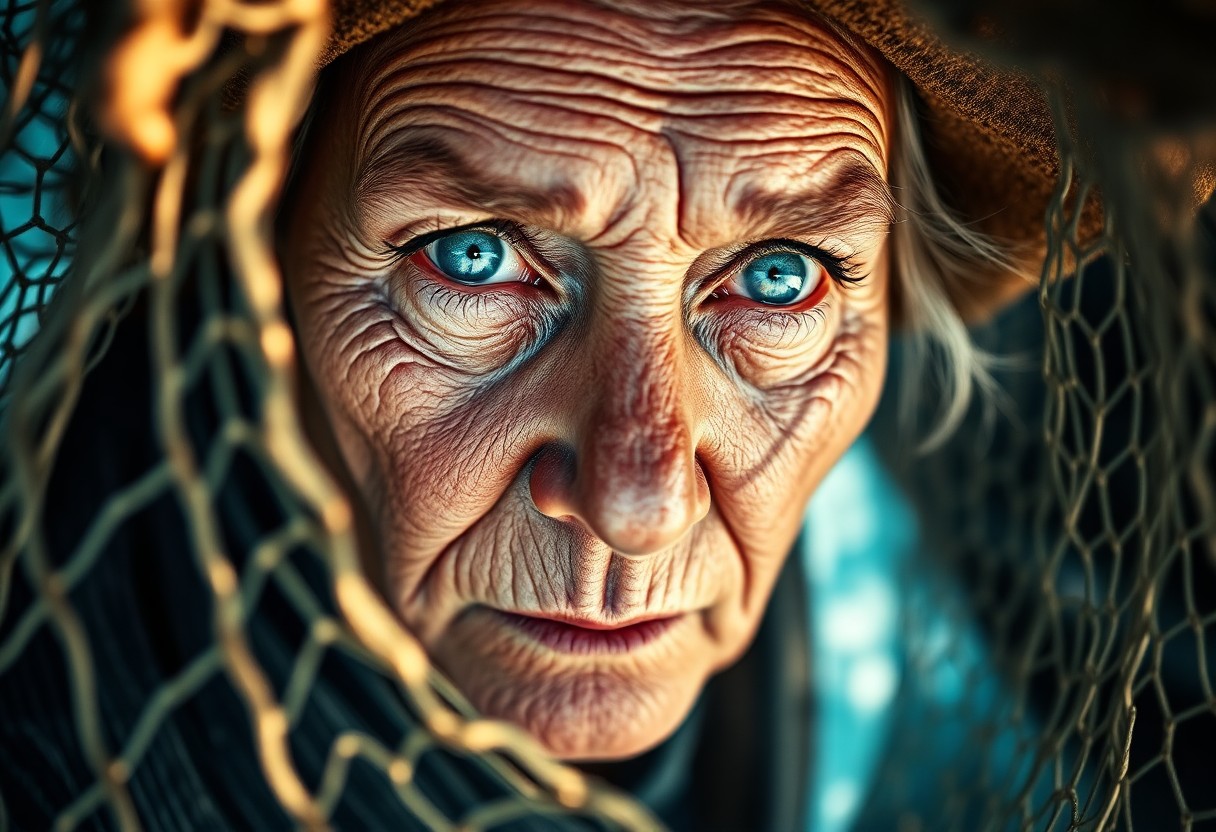 AI generated art for prompt: A photorealistic portrait showcases an aged woman with vintage features and piercing blue eyes, view