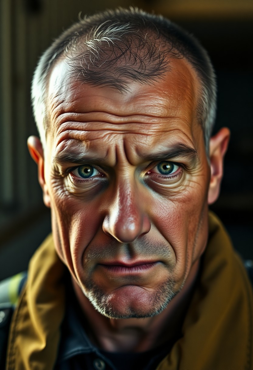 AI generated art for prompt: Envision a portrait of an experienced firefighter with furrowed brows and deep creases on their face