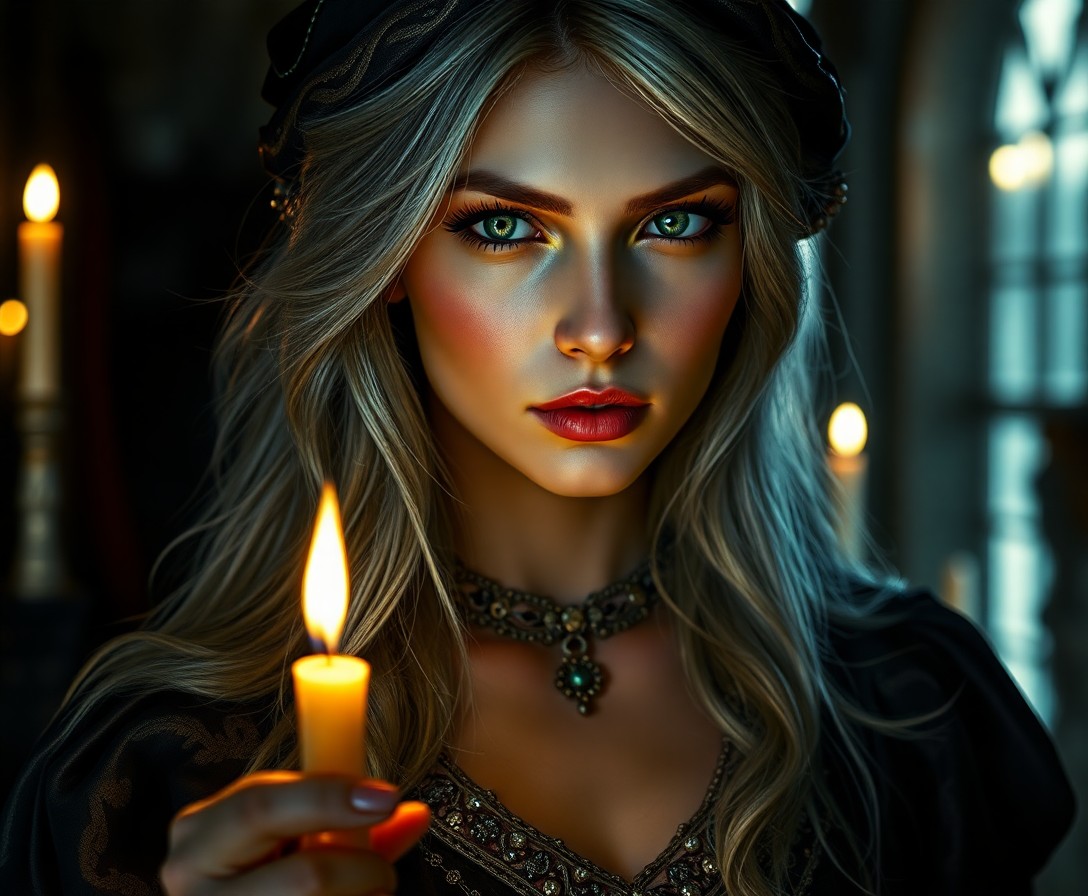 AI generated art for prompt: Envision a captivating photorealistic portrait of an enigmatic female fortune teller, her shy green 