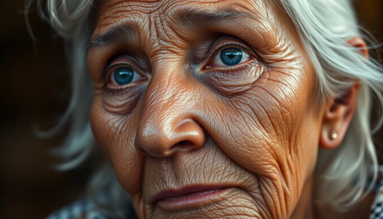 AI generated art for prompt: A close-up portrait of an elderly Pacific Islander woman showcases her deep wrinkles and soft blue e