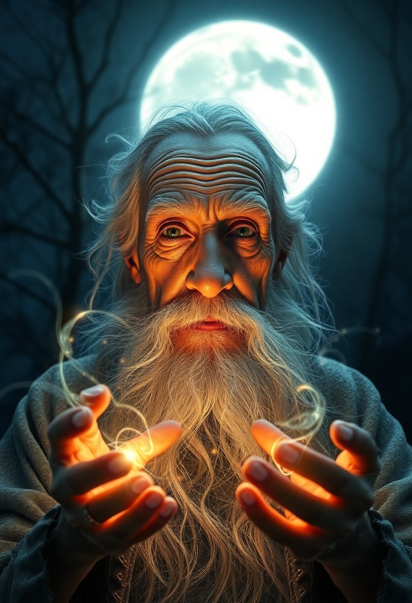 AI generated art for prompt: Envision a photorealistic portrait of an aged wizard, illuminated by the serene light of a moonlit n