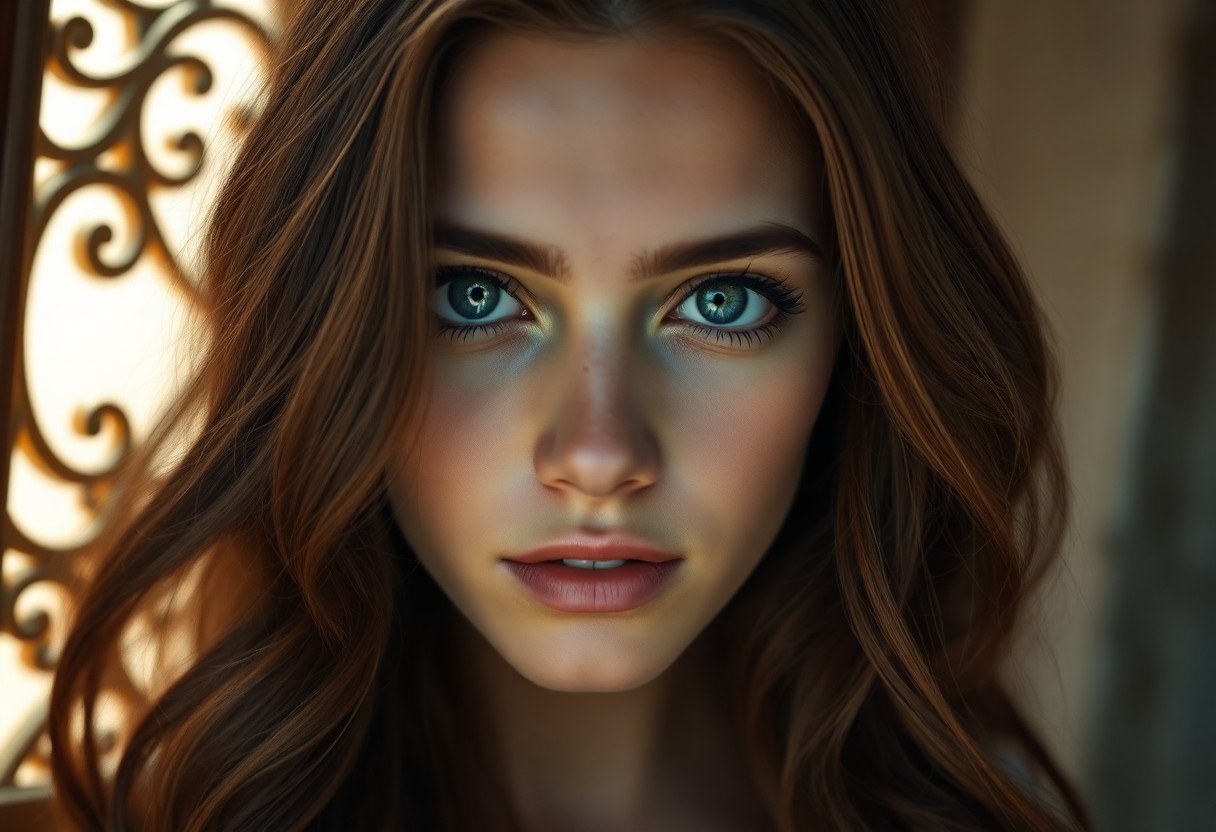 AI generated art for prompt: Super-realistic portrait of a young Mediterranean woman with clouded blue eyes and long wavy chestnu