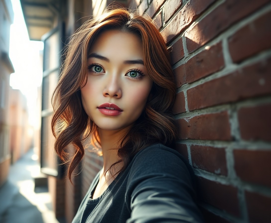 AI generated art for prompt: A captivating photorealistic portrait of a young East Asian woman with vibrant green eyes and wavy c