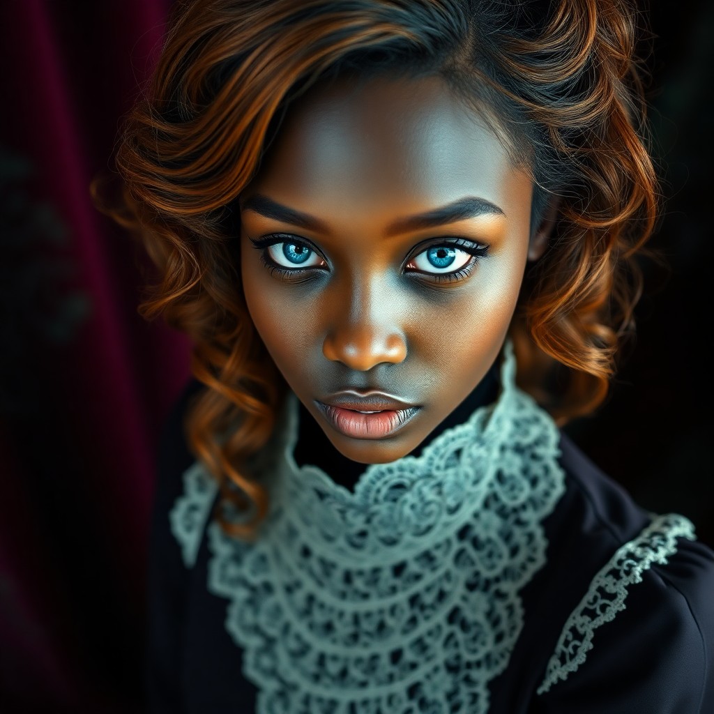 AI generated art for prompt: A captivating African woman with serene blue eyes and cascading wavy chestnut hair portrayed in a hi