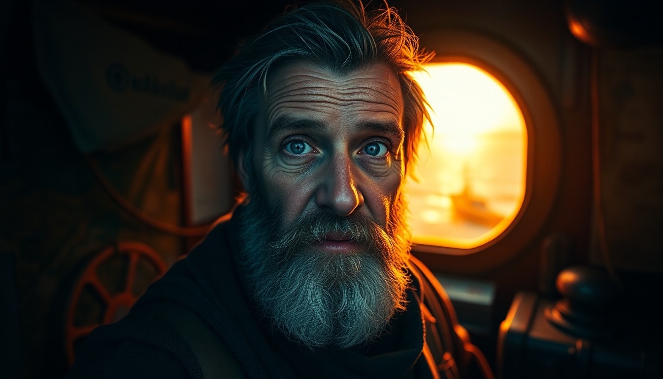 AI generated art for prompt: A photorealistic portrait photograph captures a distressed fisherman with kind blue eyes and a grayi