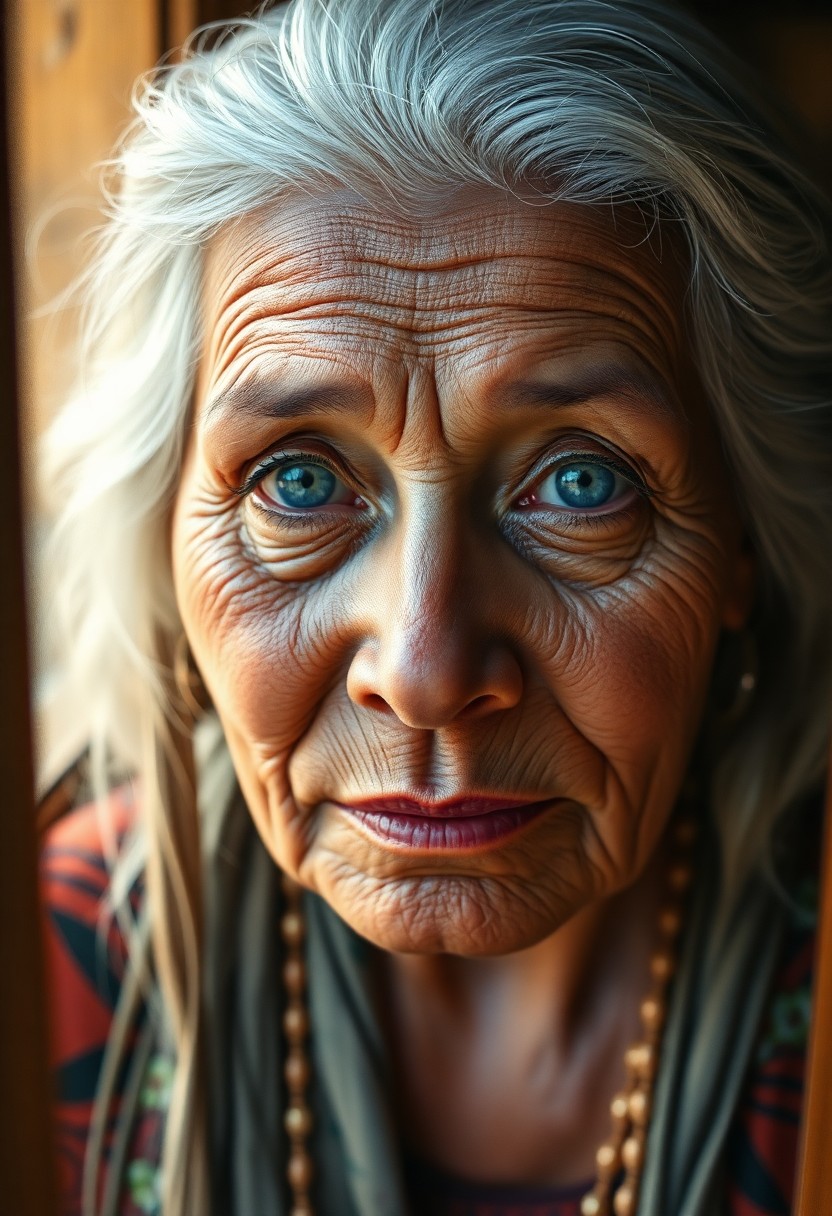 AI generated art for prompt: Craft a hyperrealistic oil painting portrait of an elderly Polynesian woman with captivating blue ey