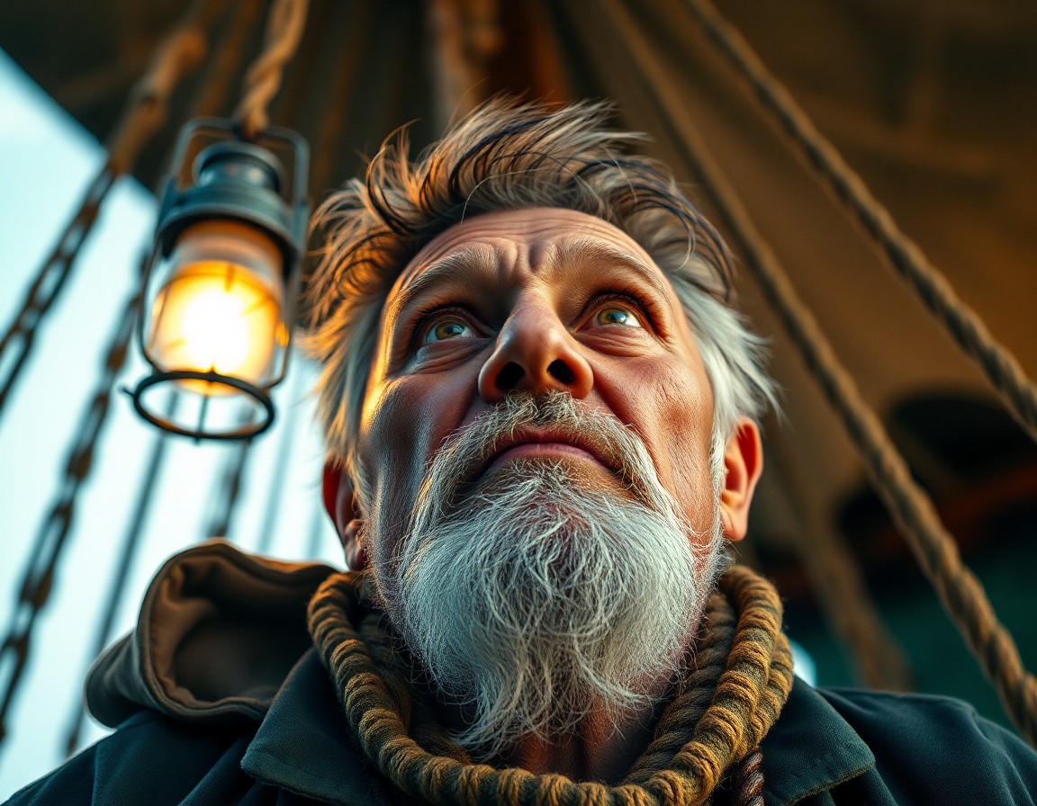 AI generated art for prompt: Envision a photorealistic portrait of an aged sea captain with a shabby-chic, weathered appearance, 