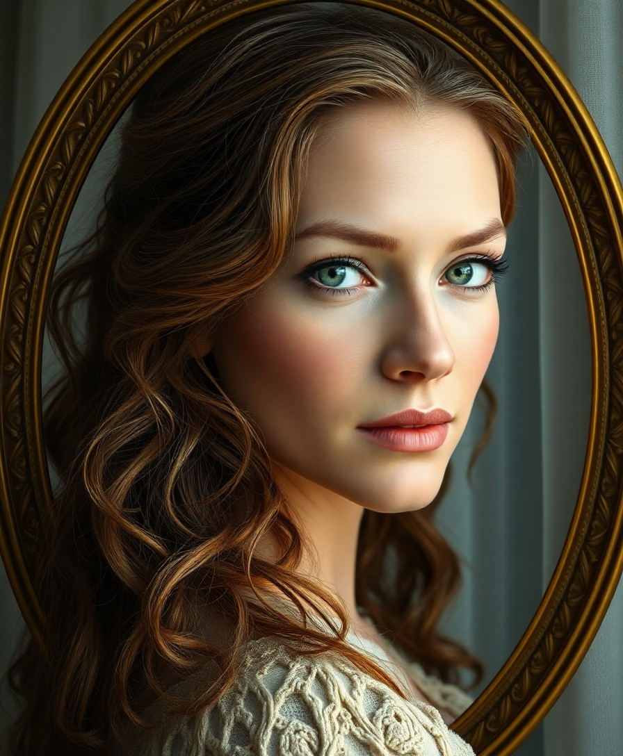 AI generated art for prompt: Envision a hyperrealistic portrait of a middle-aged Celtic woman with tender green eyes and cascadin