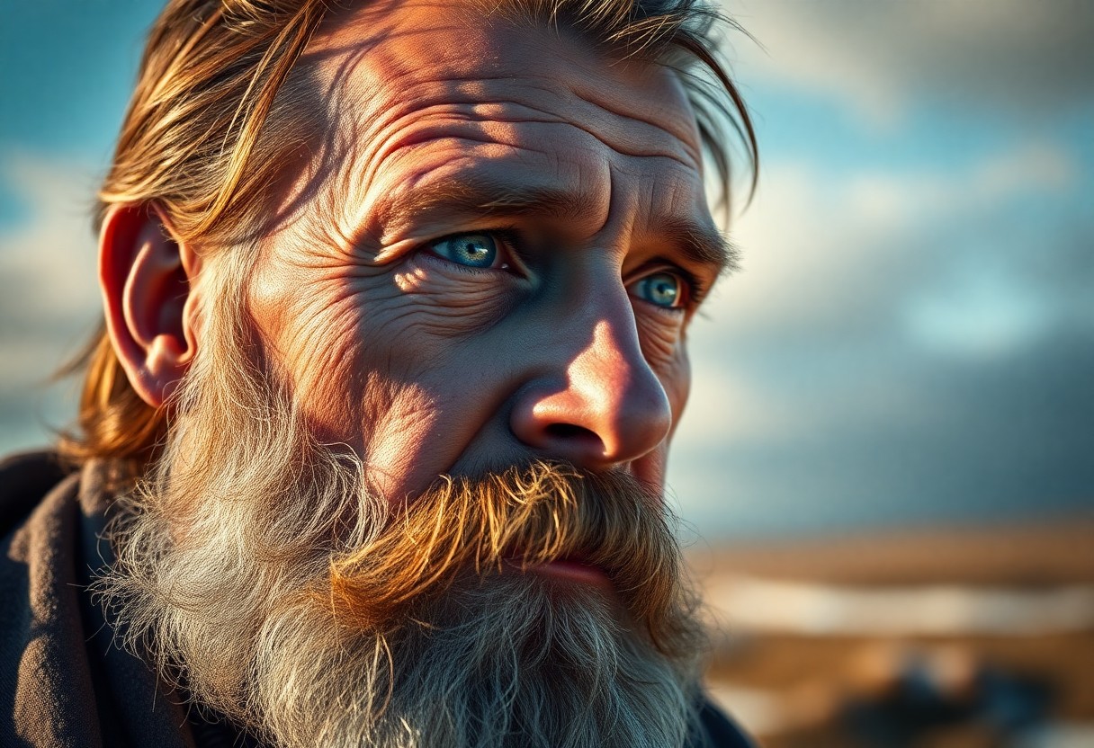 AI generated art for prompt: Craft a photorealistic portrait of a middle-aged Nordic man with rugged features, showcasing his thi