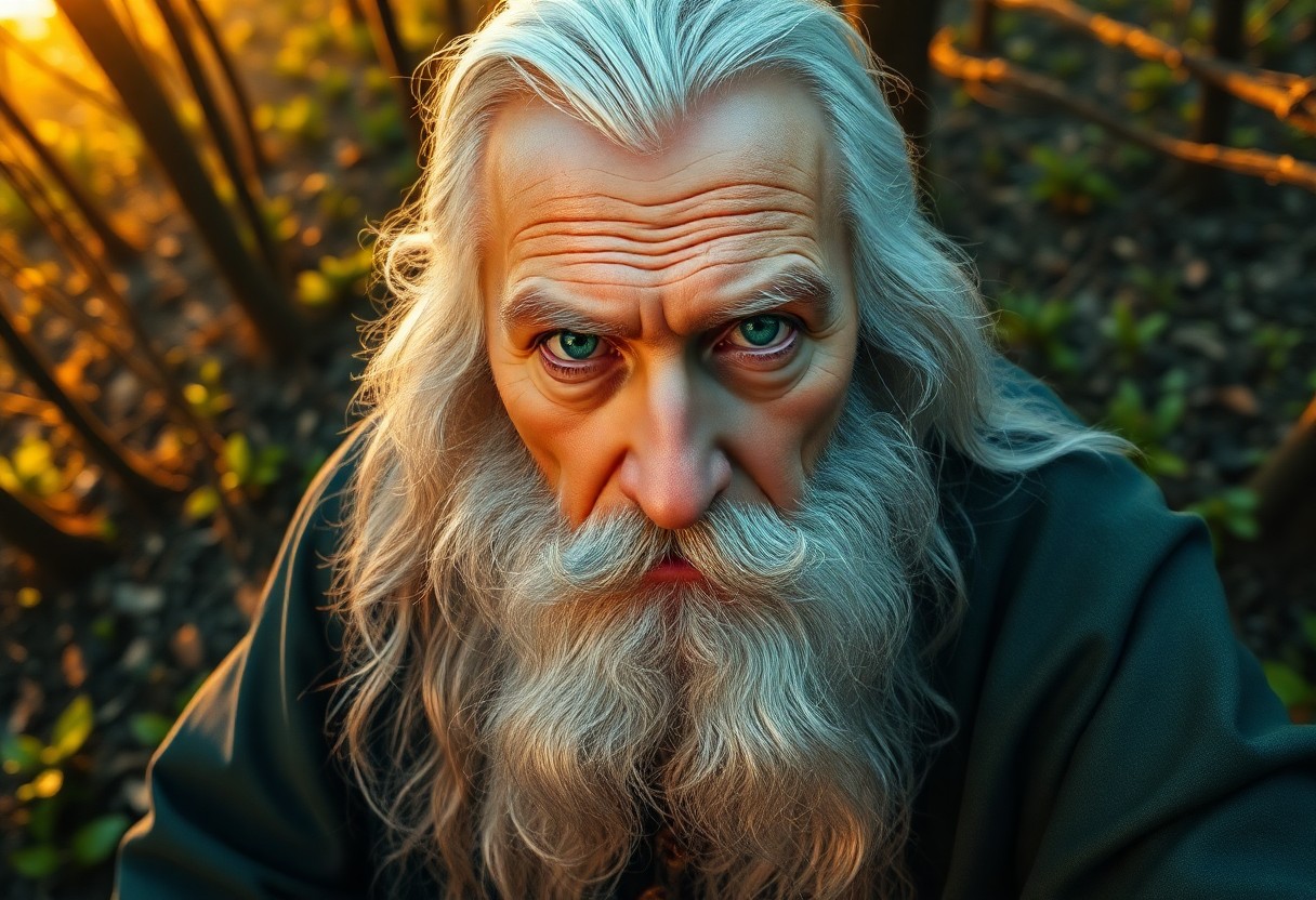 AI generated art for prompt: Depict an ultrarealistic portrait of a wise old wizard with piercing emerald eyes, his flowing robes