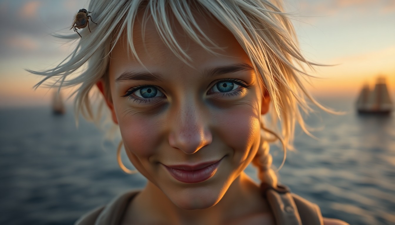 AI generated art for prompt: A photorealistic portrait portrays a girl with furrowed yet smiling features, her sun-kissed skin an