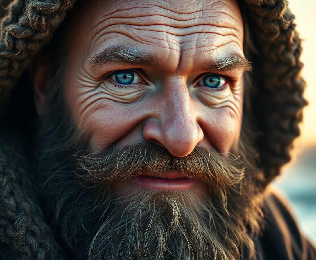 AI generated art for prompt: Craft a hyper-realistic portrait of an animated Nordic man with a grizzled beard and unfocused blue 