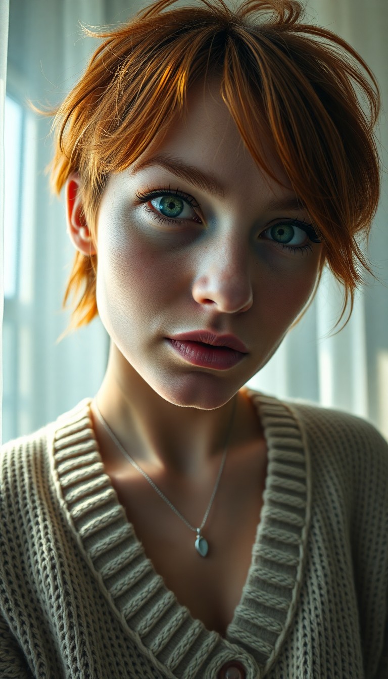 AI generated art for prompt: An iPhone portrait photograph showcases a Nordic woman with an enigmatic gaze and hazy green eyes ag