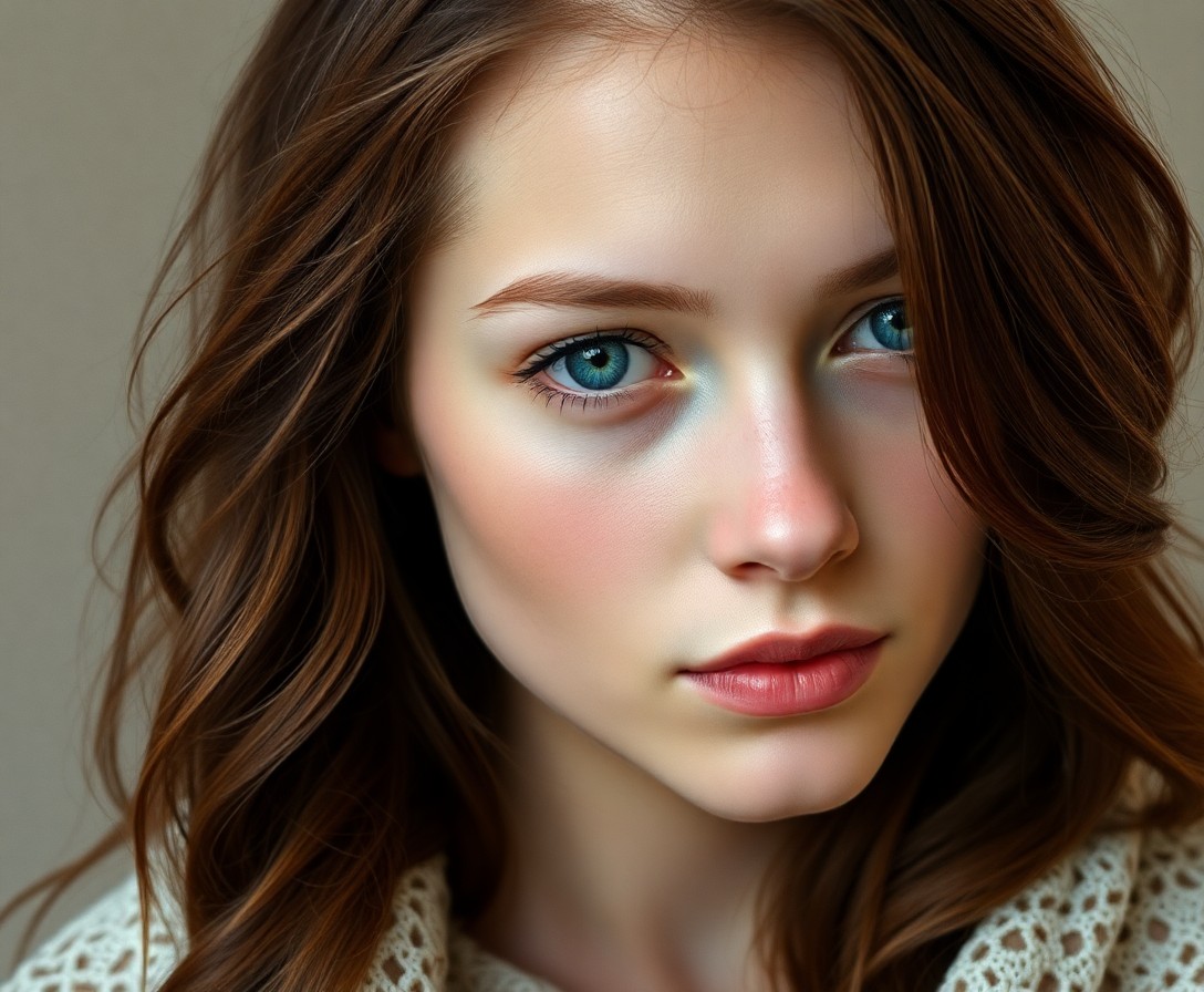 AI generated art for prompt: A photorealistic portrait captured with a DSLR showcases an enchanting young Caucasian woman, her al