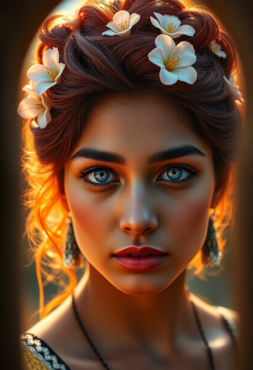 AI generated art for prompt: This ultrarealistic portrait captures a captivating young South Asian woman with hazy blue eyes and 