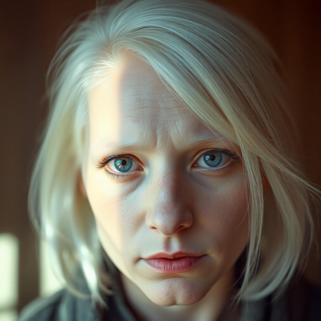 AI generated art for prompt: Craft a close-up portrait showcasing an individual with albinism bathed in soft, warm light from an 