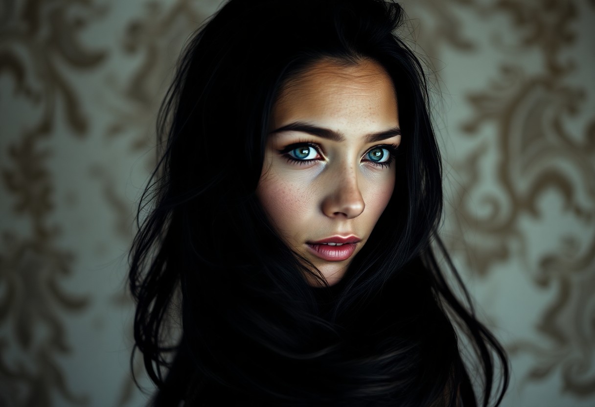 AI generated art for prompt: A captivating portrait photograph presents an enigmatic Inuit woman with piercing blue eyes and flow