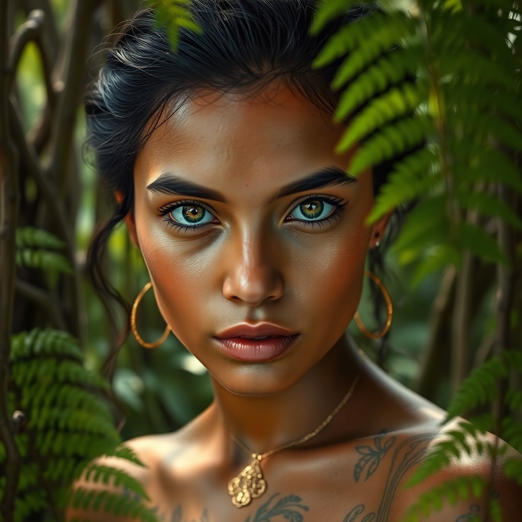 AI generated art for prompt: A mesmerizing photorealistic portrait of a young Latin American woman reveals her delicate gold fili