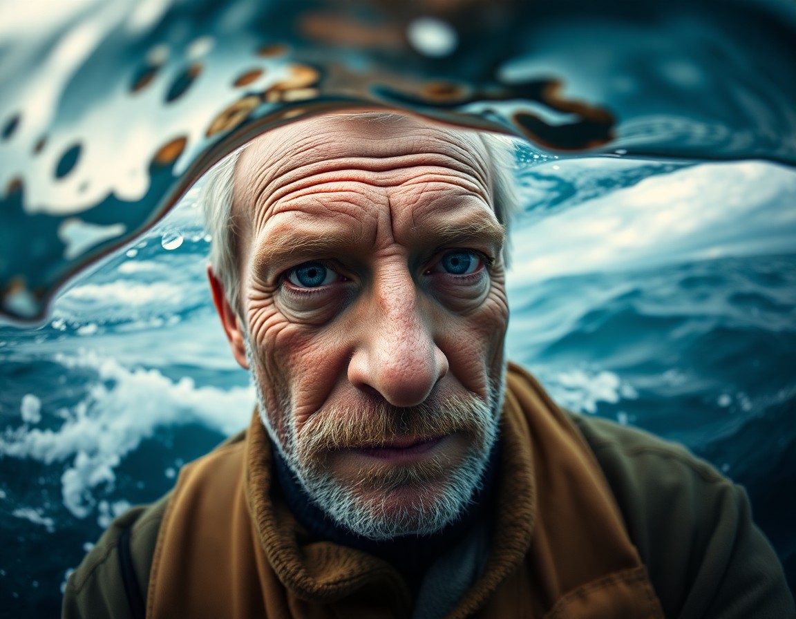 AI generated art for prompt: Create a captivating photorealistic portrait of an experienced fisherman with gentle blue eyes, his 