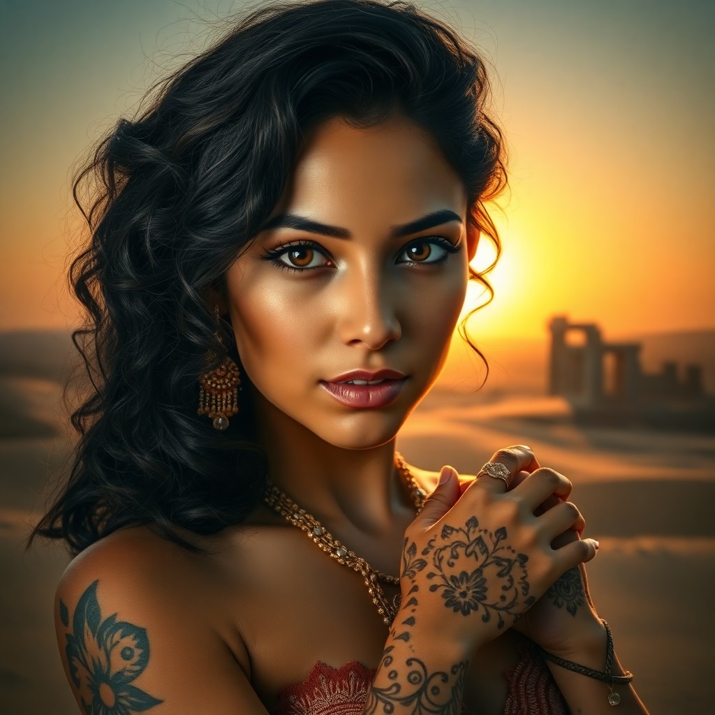 AI generated art for prompt: Craft a captivating photorealistic portrait of a Middle Eastern Polynesian woman amidst a desert twi