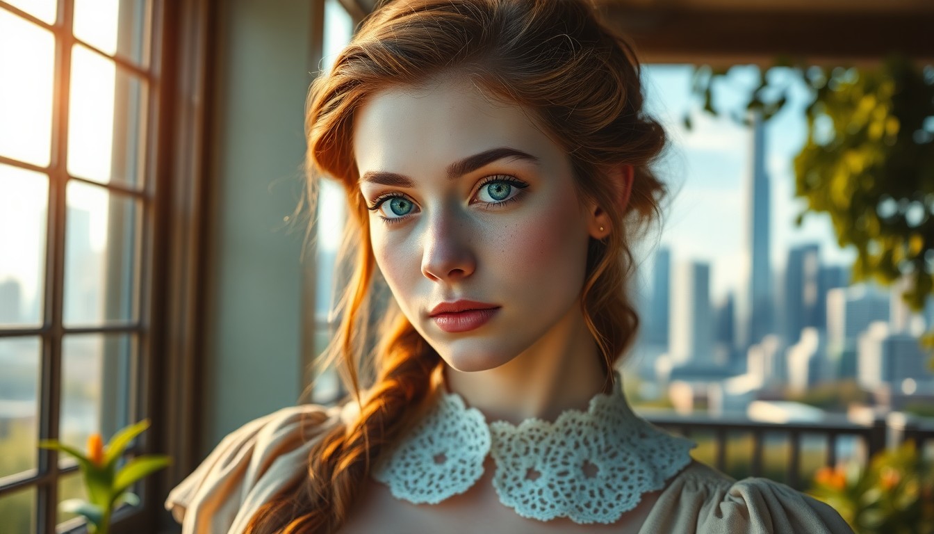 AI generated art for prompt: Envision a Nordic woman with captivating green eyes and chestnut hair, her delicate features illumin