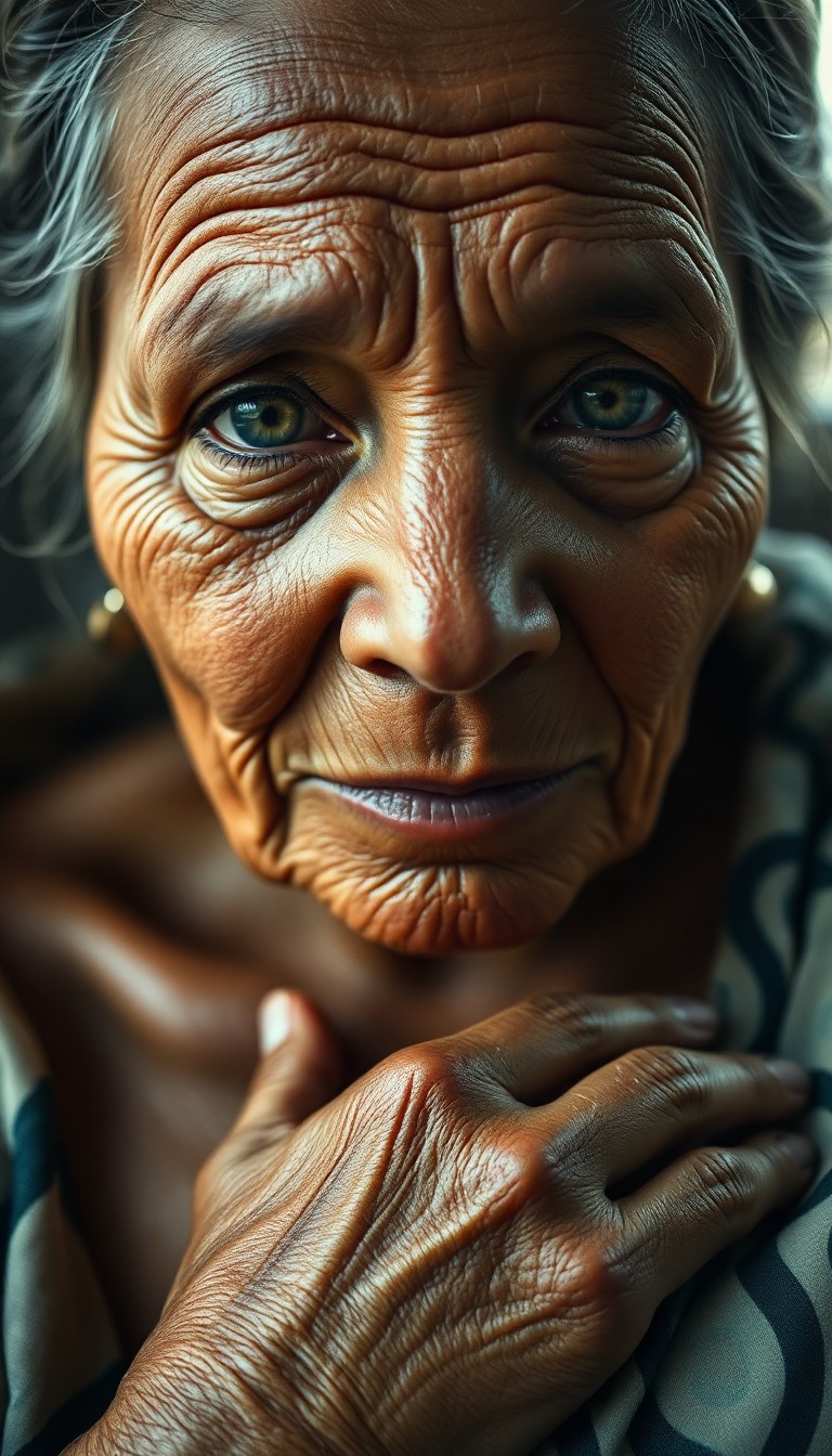 AI generated art for prompt: Envision a captivating close-up portrait of an aged Polynesian woman with creased skin and piercing 