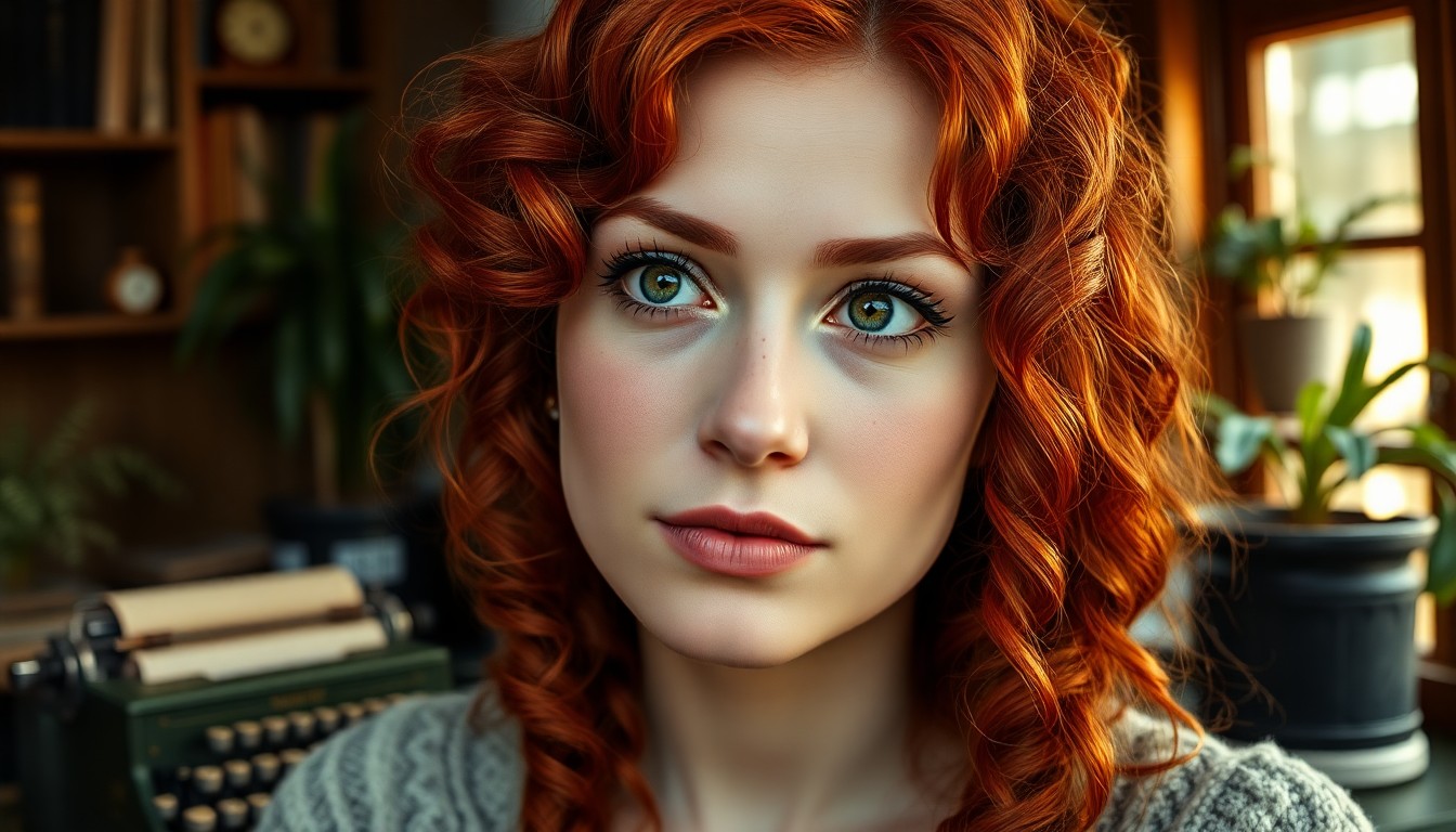 AI generated art for prompt: Craft a close-up portrait showcasing a Nordic woman with vibrant red hair cascading in ringlets, her