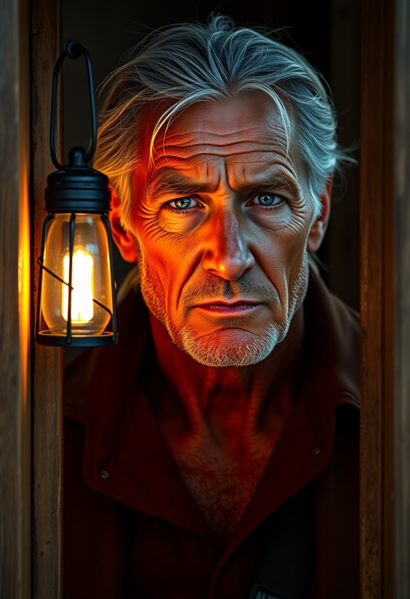 AI generated art for prompt: Create a photorealistic portrait of an experienced sailor with sun-kissed skin and graying hair tied