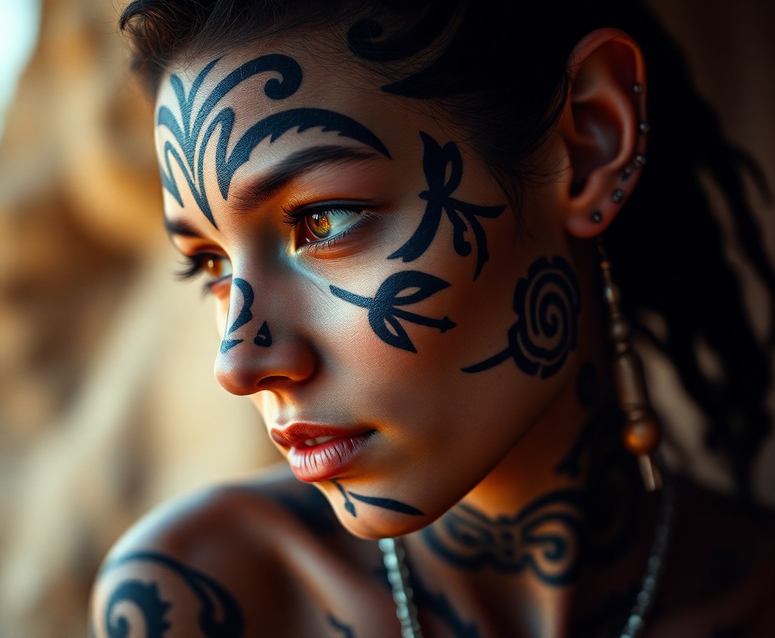 AI generated art for prompt: Photograph an enigmatic shapeshifter adorned with intricate tribal tattoos across their face, gazing