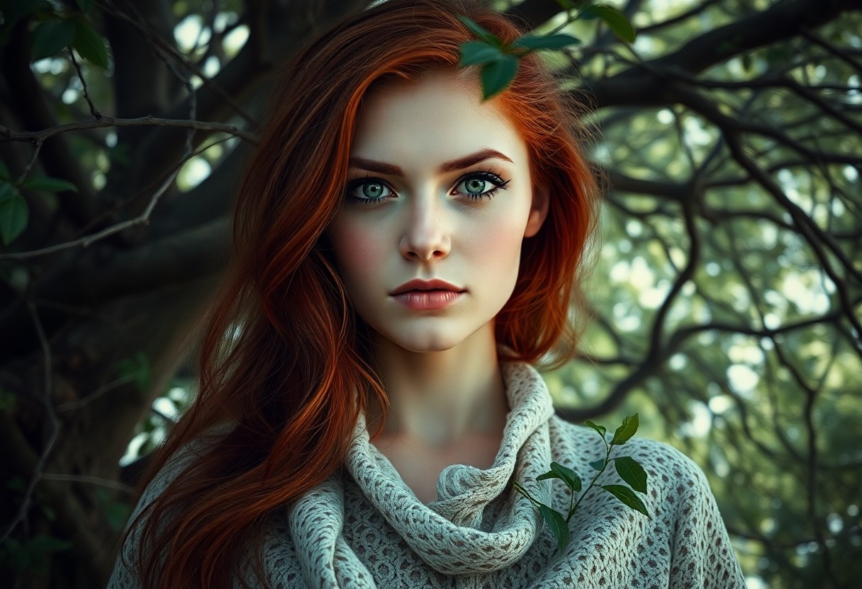 AI generated art for prompt: Craft a photorealistic portrait of an enigmatic Caucasian woman with emerald eyes and fiery red hair