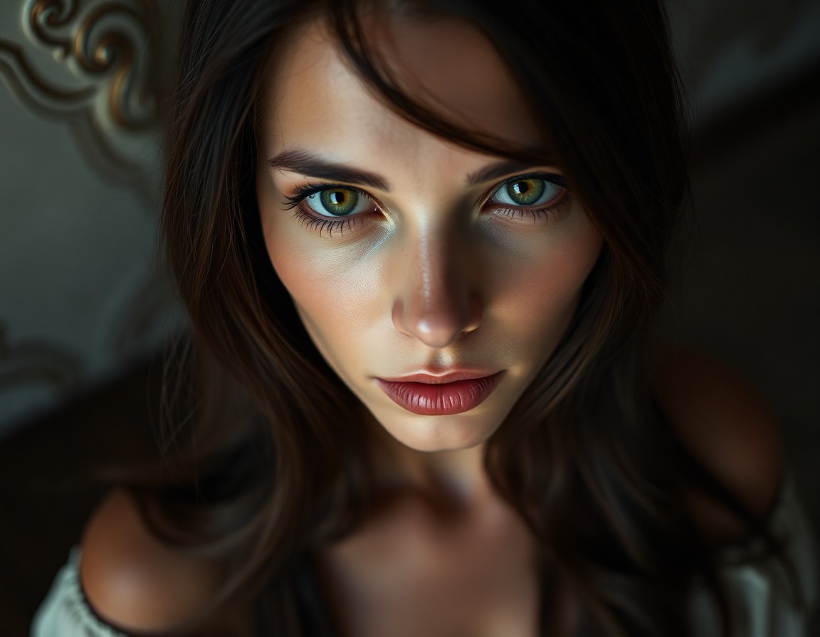 AI generated art for prompt: A mysterious Mediterranean woman with tender green eyes stares enigmatically at the camera in a port