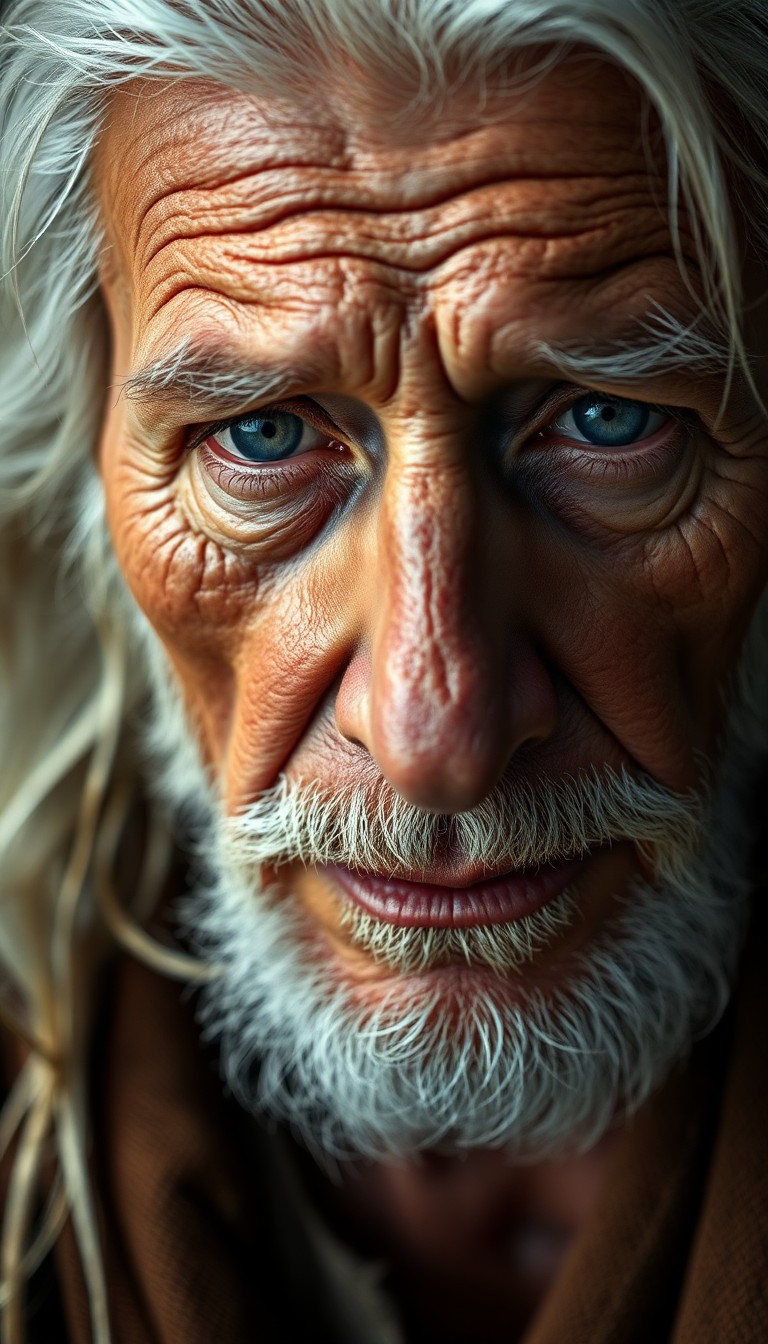 AI generated art for prompt: Craft a photorealistic portrait of an aged Western European man with deep wrinkles and distant blue 