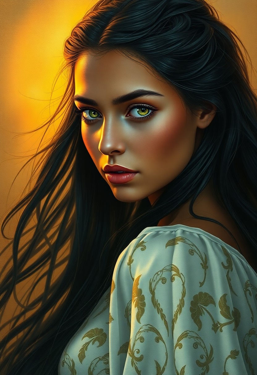 AI generated art for prompt: Craft a hyper-realistic digital painting of an enigmatic Celtic woman with olive skin and raven hair