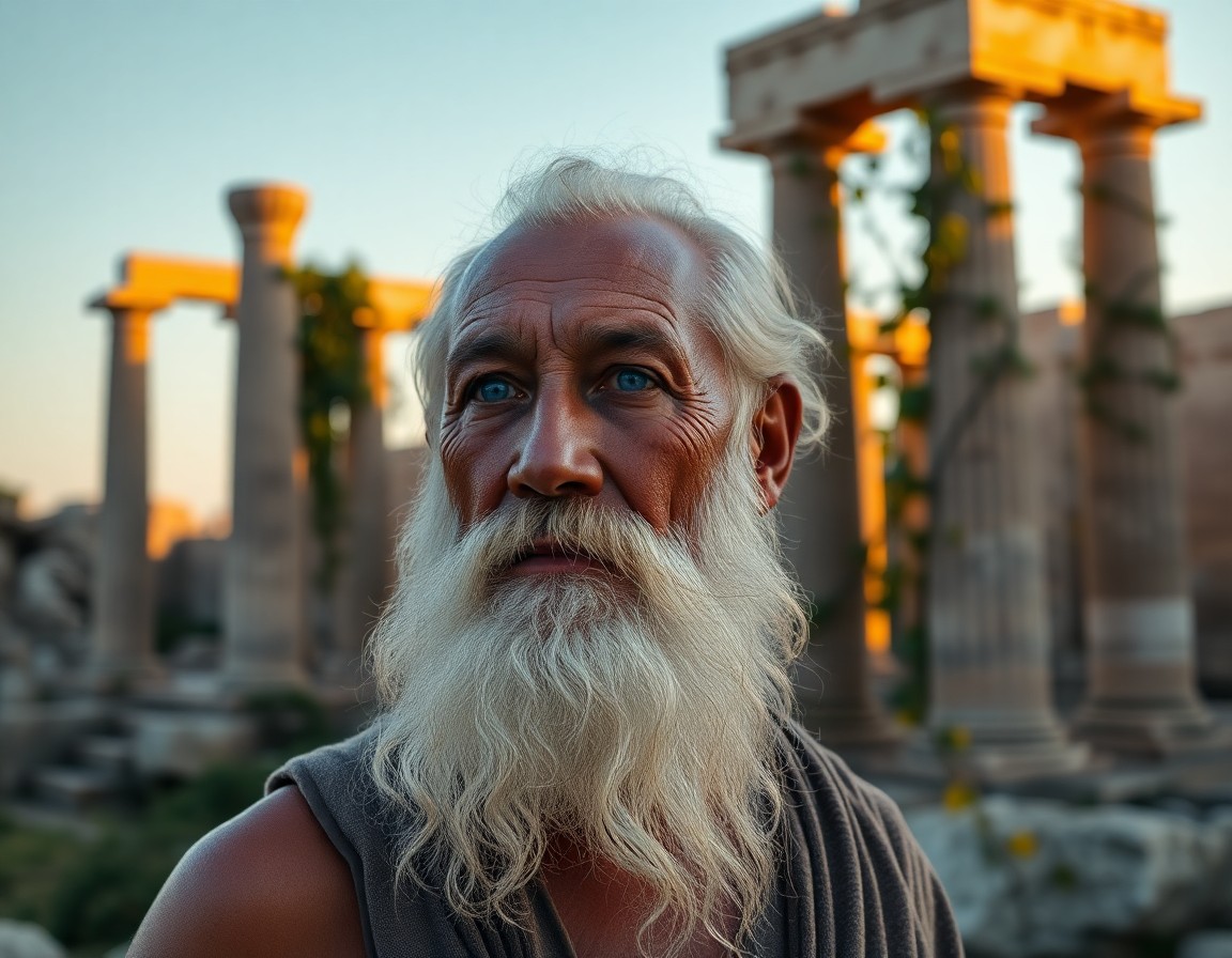 AI generated art for prompt: Create a photorealistic portrait of an elderly Melanesian man with a long white beard and piercing b