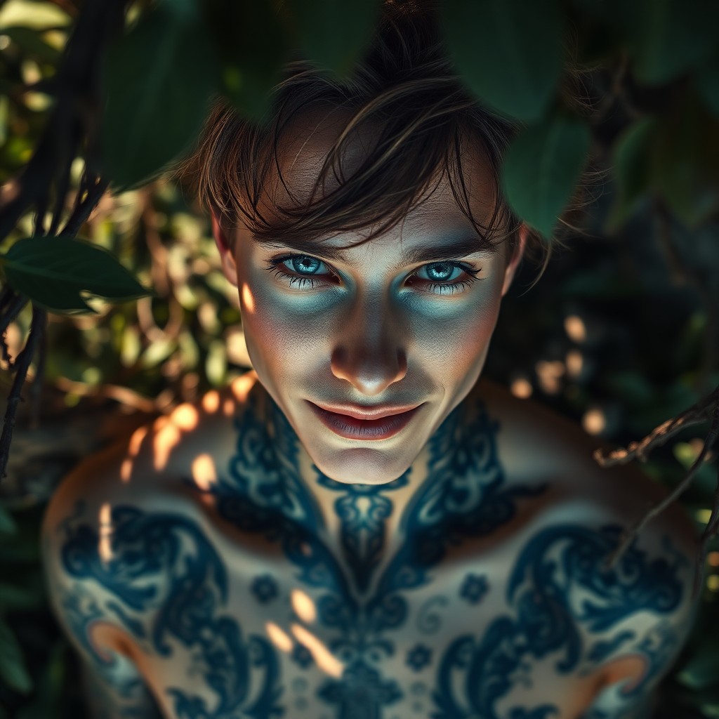 AI generated art for prompt: A photorealistic portrait captures an alluring figure with melancholic blue eyes and intricate tatto