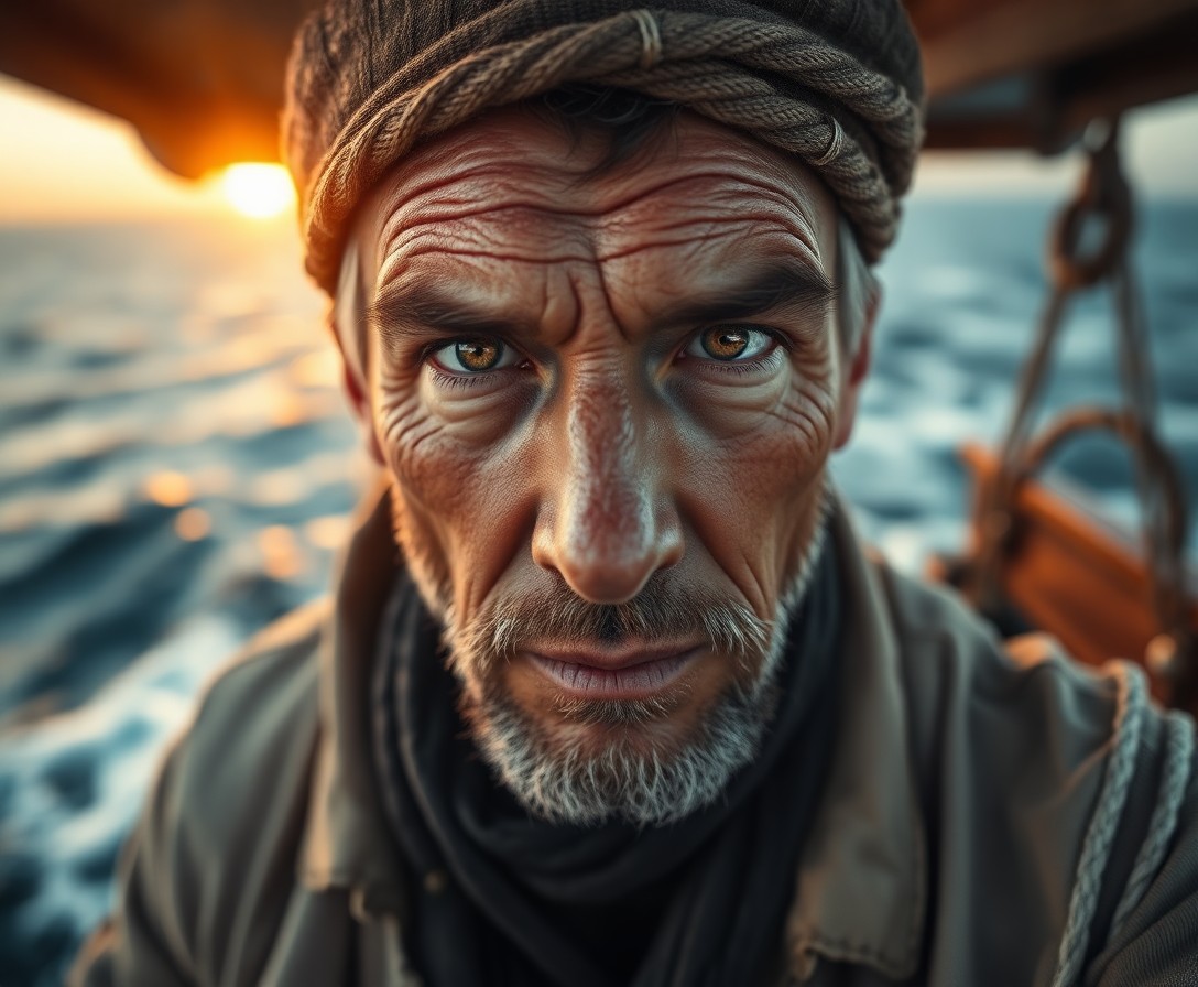 AI generated art for prompt: A hyperrealistic portrait captures the intense gaze of a seasoned sailor, his eyes revealing a lifet