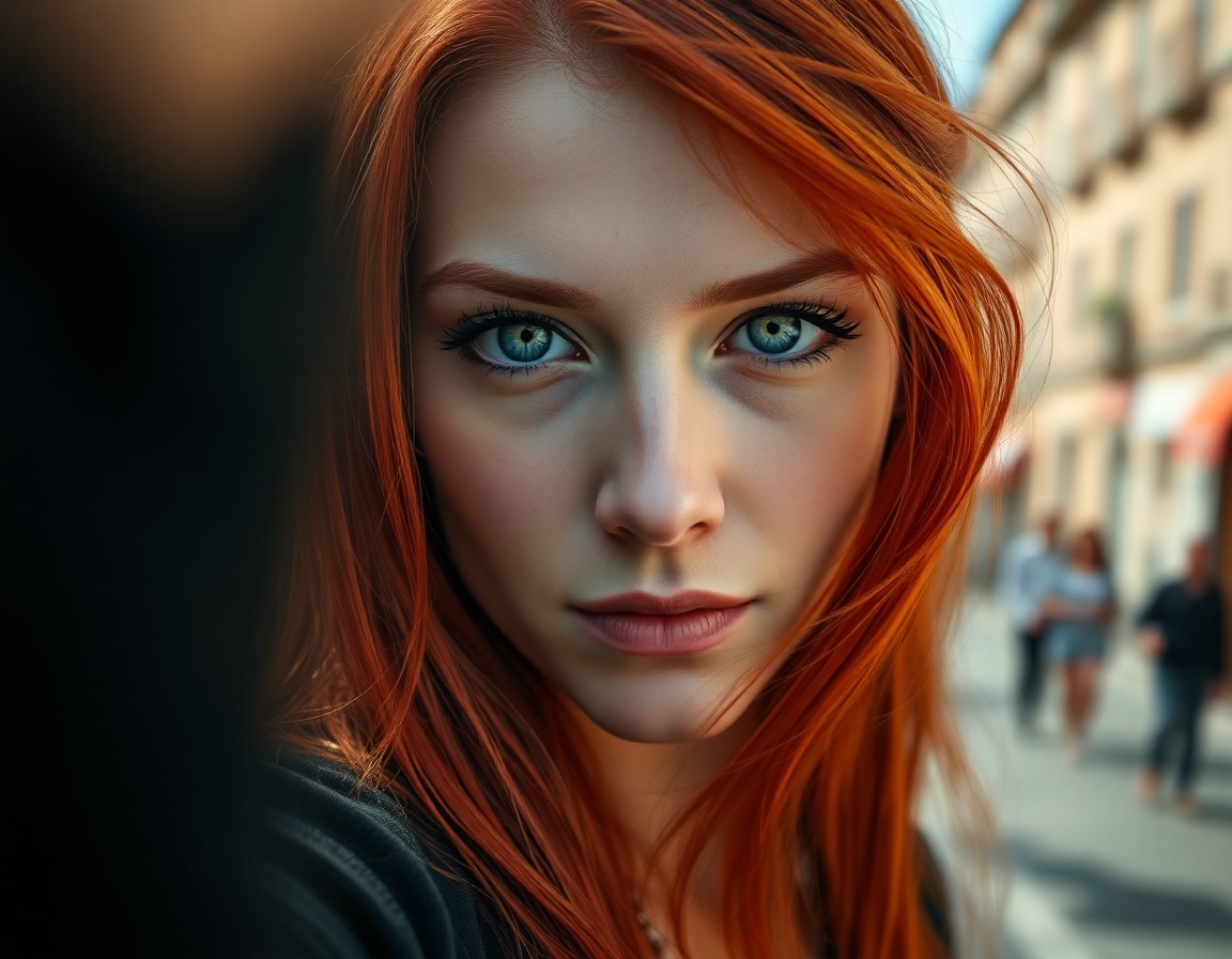 AI generated art for prompt: A hyperrealistic portrait captures a Mediterranean woman with fiery red hair flowing down her back, 