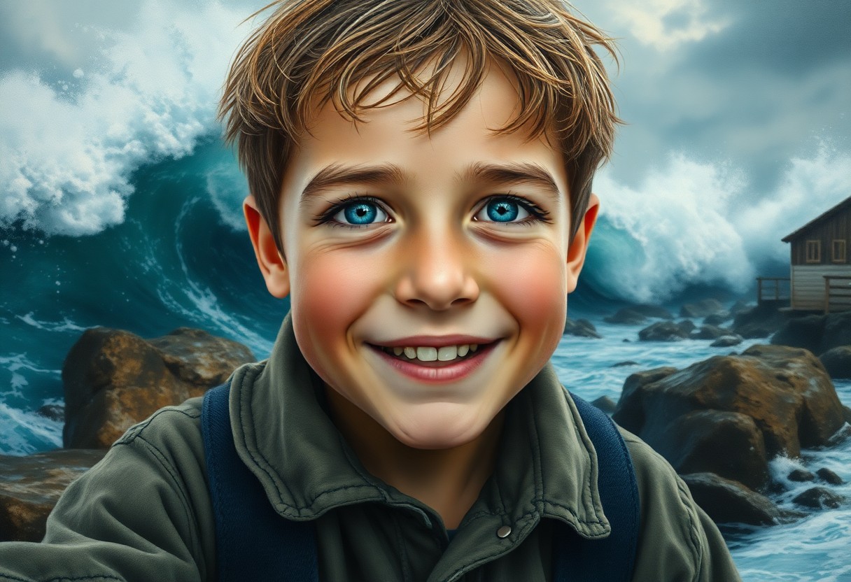 AI generated art for prompt: Craft a photorealistic oil painting depicting a weathered yet enthusiastic boy with rugged features 