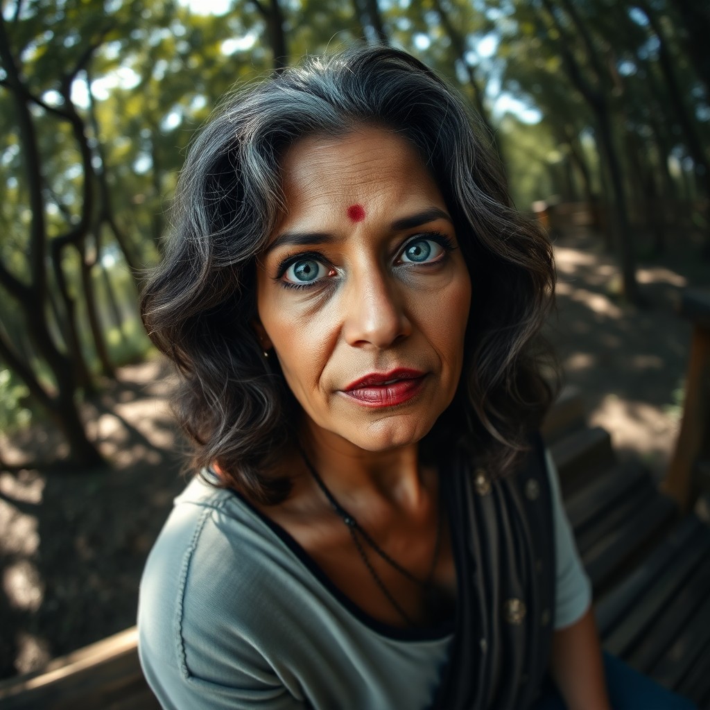 AI generated art for prompt: Craft a photorealistic portrait of a middle-aged South Asian woman with piercing blue eyes and wavy 