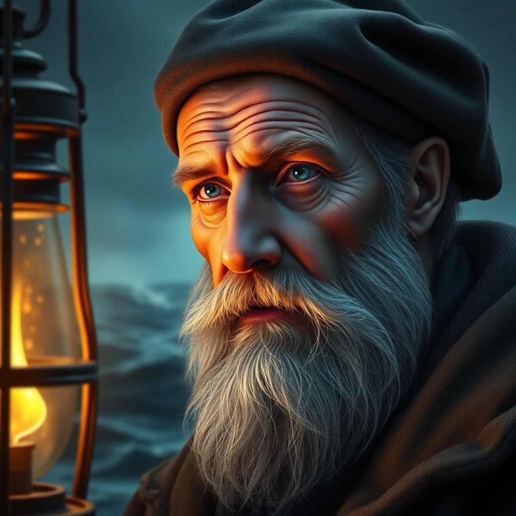 AI generated art for prompt: A highly realistic portrait of an aged sea captain with a long, gray beard and misty blue eyes, his 