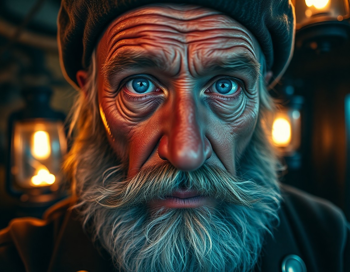 AI generated art for prompt: A captivating portrait of a seasoned sea captain with piercing blue eyes and a weathered salt-and-pe