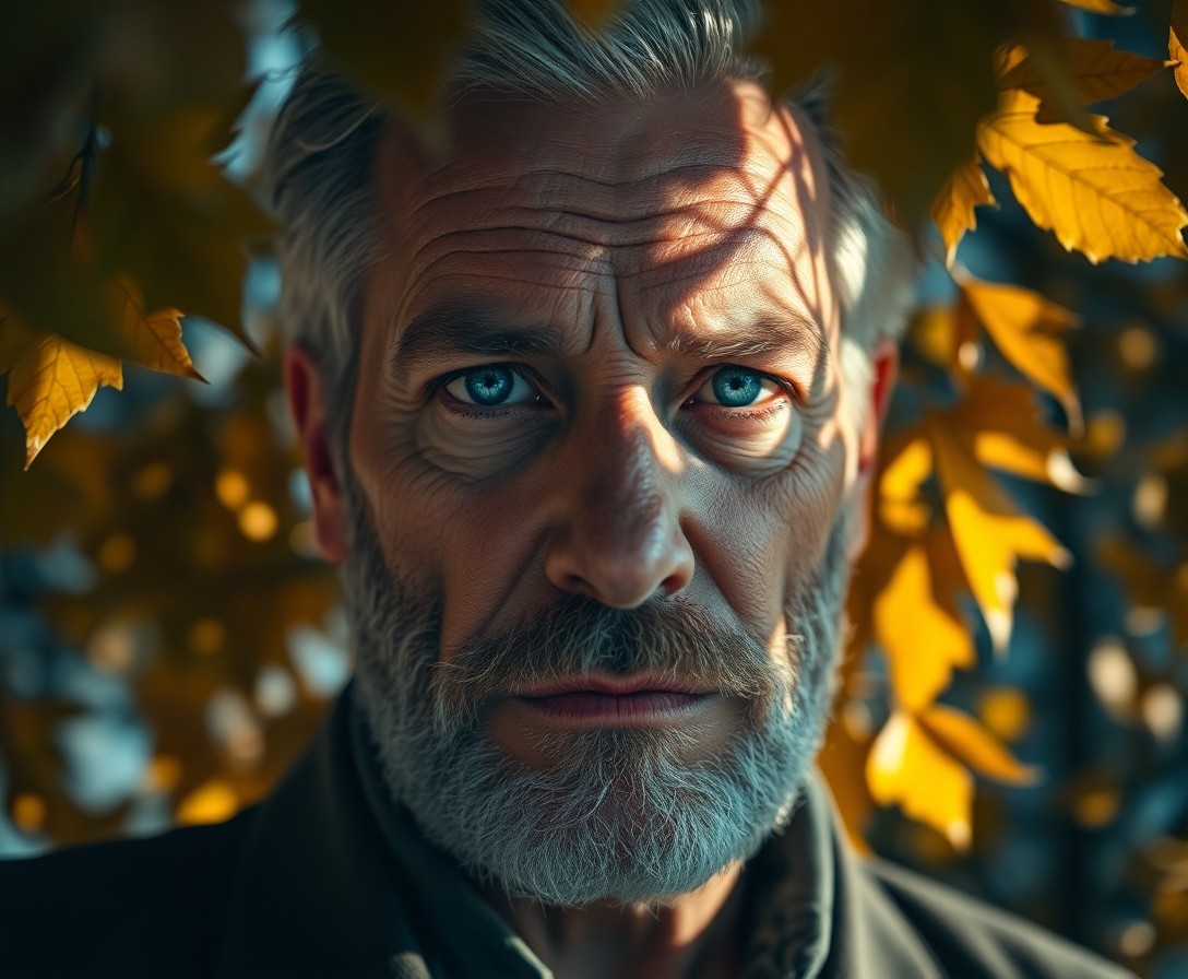 AI generated art for prompt: Craft a photorealistic portrait of an enigmatic middle-aged Caucasian man with gentle blue eyes and 