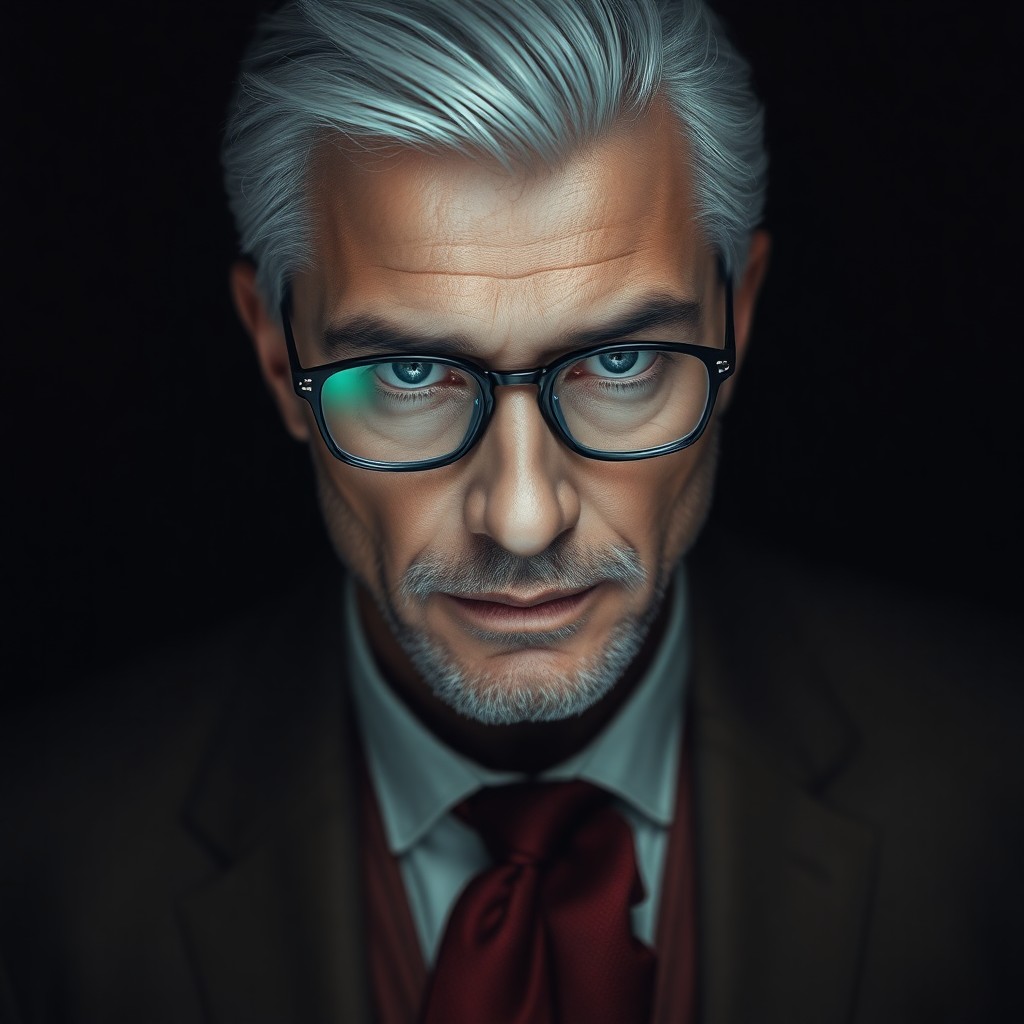 AI generated art for prompt: Envision a portrait of an elegant gentleman with silver hair and melancholic blue eyes, reminiscent 