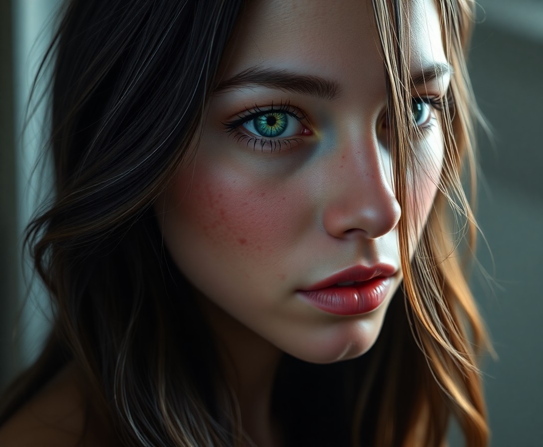 AI generated art for prompt: Craft a hyperrealistic digital portrait of an enigmatic Amazonian woman with warm green eyes and por