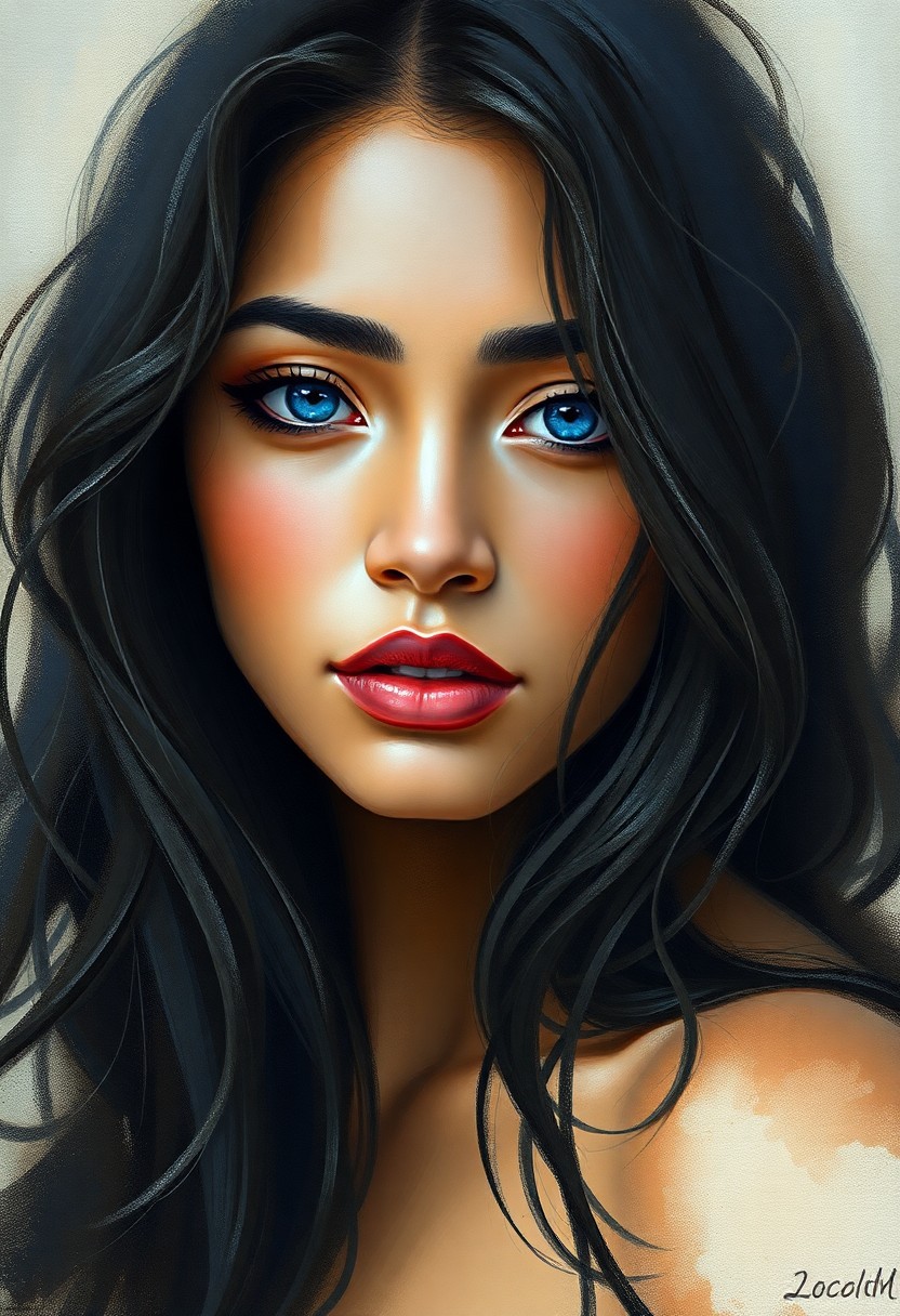 AI generated art for prompt: Craft an impressionist-inspired portrait of a captivating Micronesian woman with enigmatic blue eyes