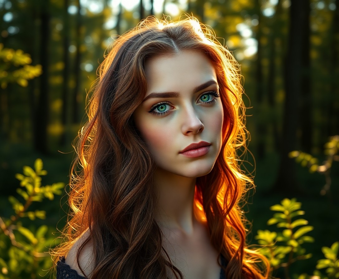 AI generated art for prompt: A captivating Celtic woman with porcelain skin and vivid emerald eyes stands amidst a lush forest du