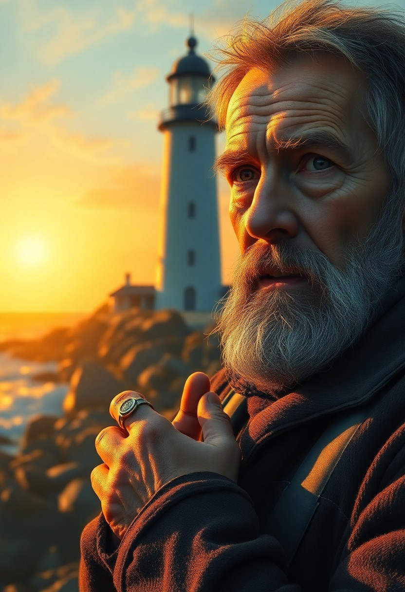 AI generated art for prompt: A captivating portrait of a weathered lighthouse keeper from an era past stands illuminated by the g