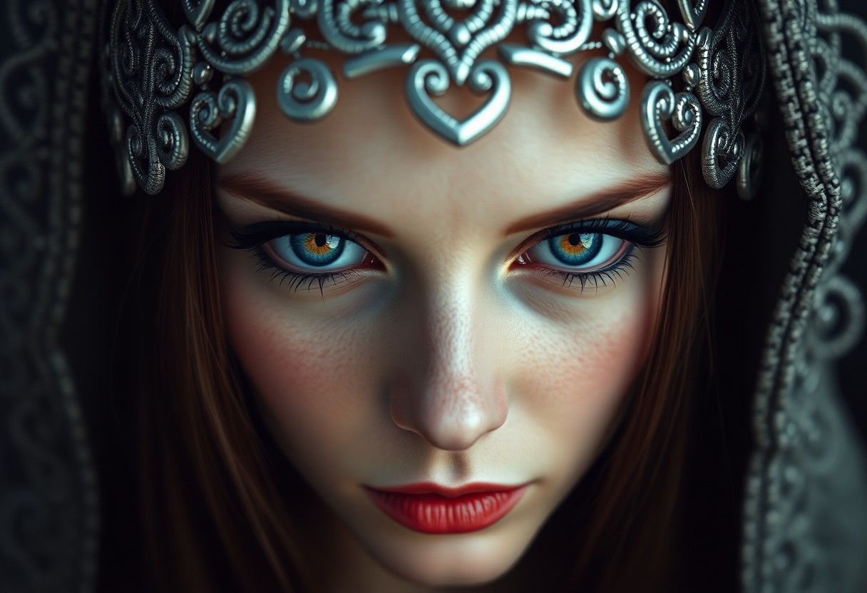 AI generated art for prompt: Enigmatic Celtic woman with captivating warm blue eyes framed by long jet-black lashes gazes intentl