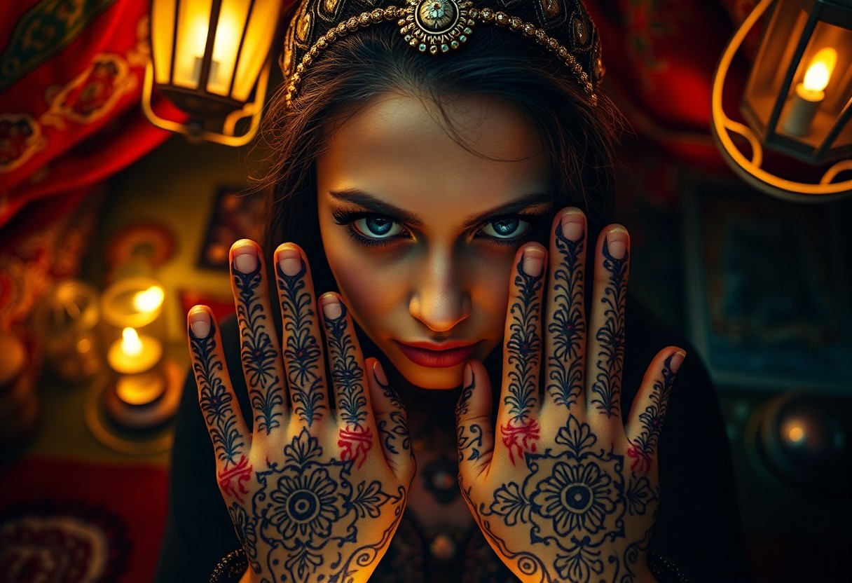 AI generated art for prompt: An enigmatic fortune teller's portrait, featuring piercing sapphire eyes and intricate henna pattern