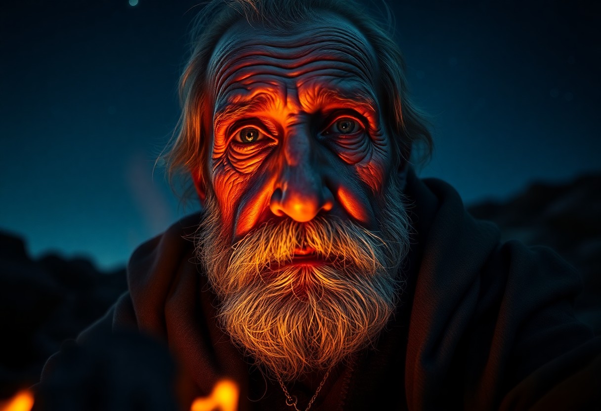 AI generated art for prompt: Visualize an ultra-realistic portrait of a wise elderly hermit, his weathered features illuminated b